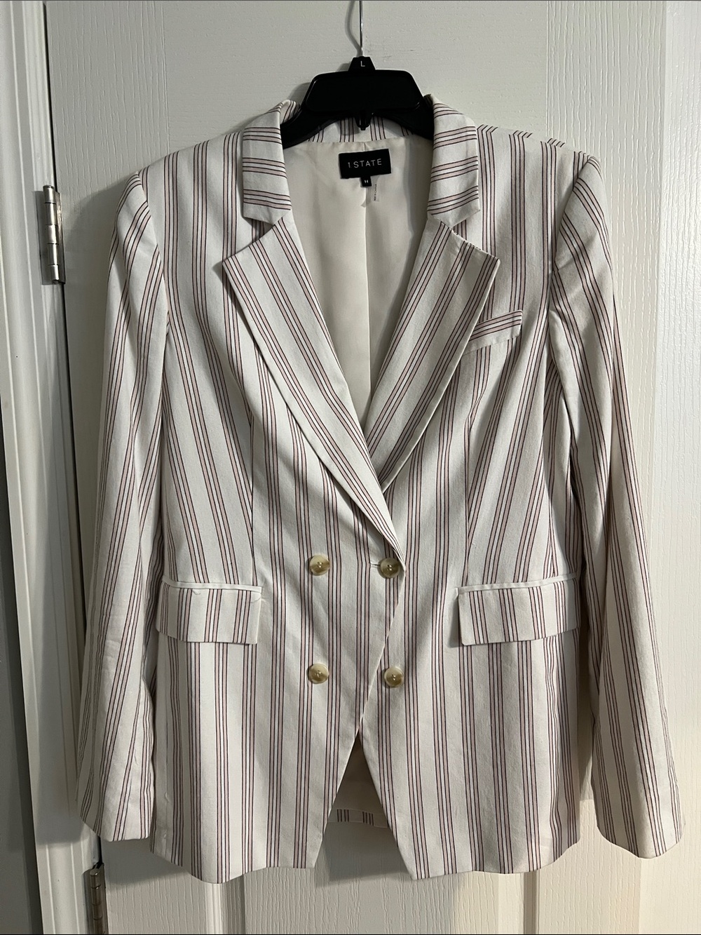 1.STATE White Blazer Double Breasted Cotton Pinstripes and Gold Buttons